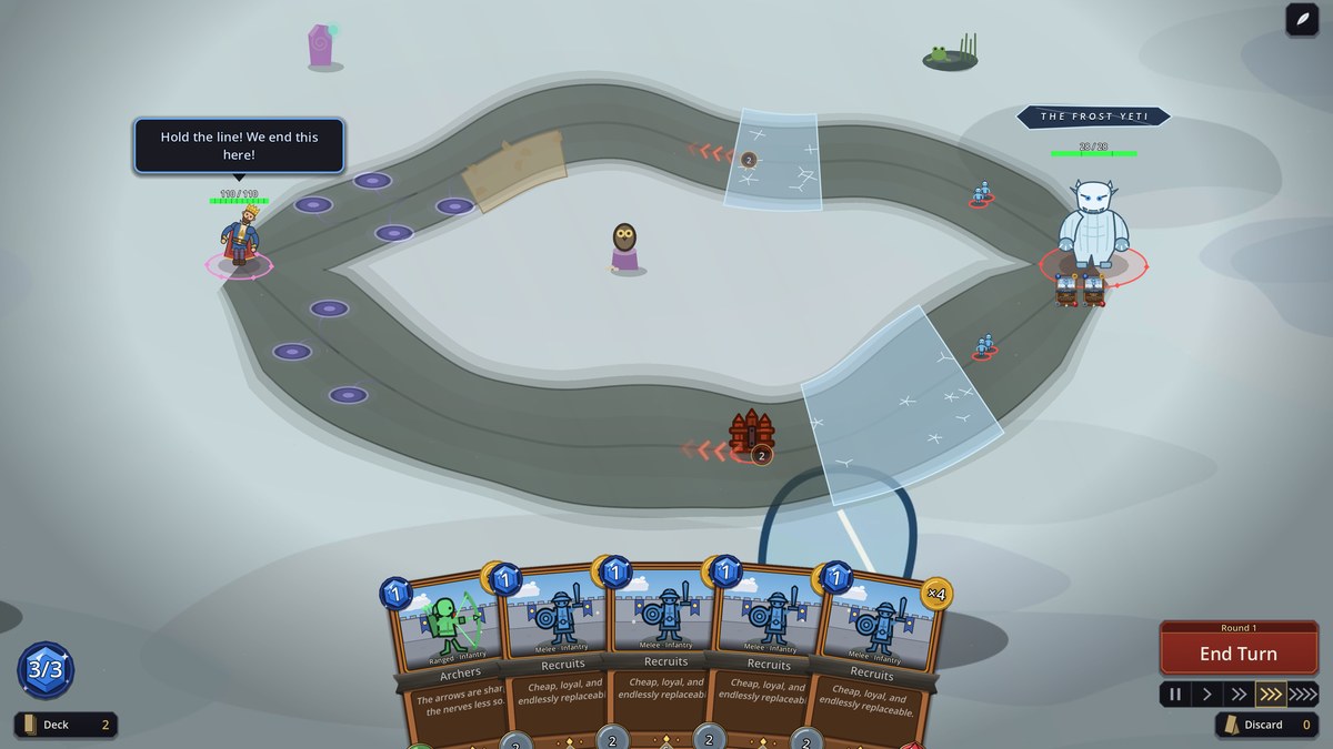 A battle on the Frost Yeti's tundra ring, hand of cartoon cards fanned below