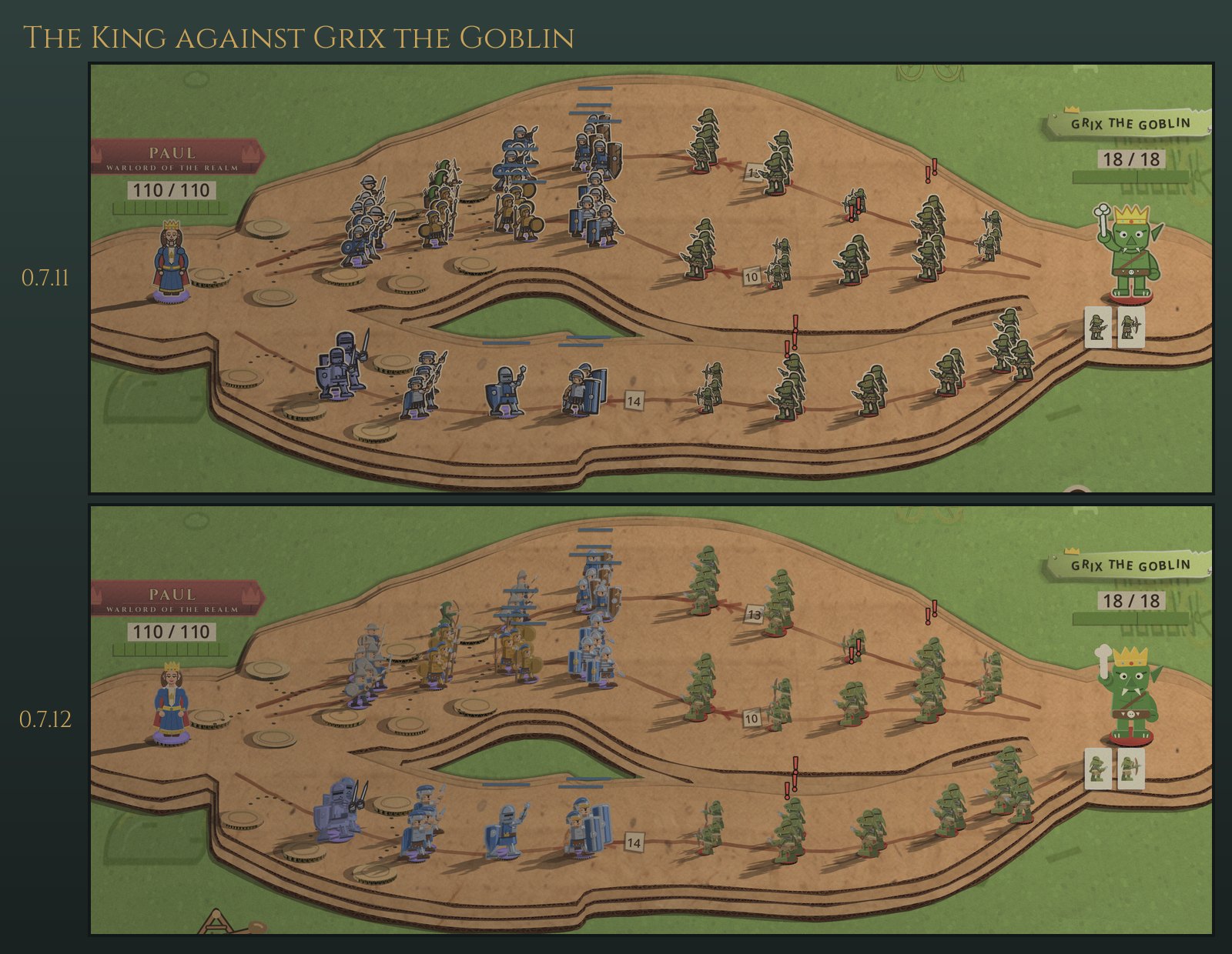 The same frozen battle twice, 0.7.11 above and 0.7.12 below: the King's army of knights, archers and spearmen facing Grix the Goblin's goblins across a two-road cardboard mat on green ground. The old units have brown kraft edges and dark outlines; the new ones are flat printed card