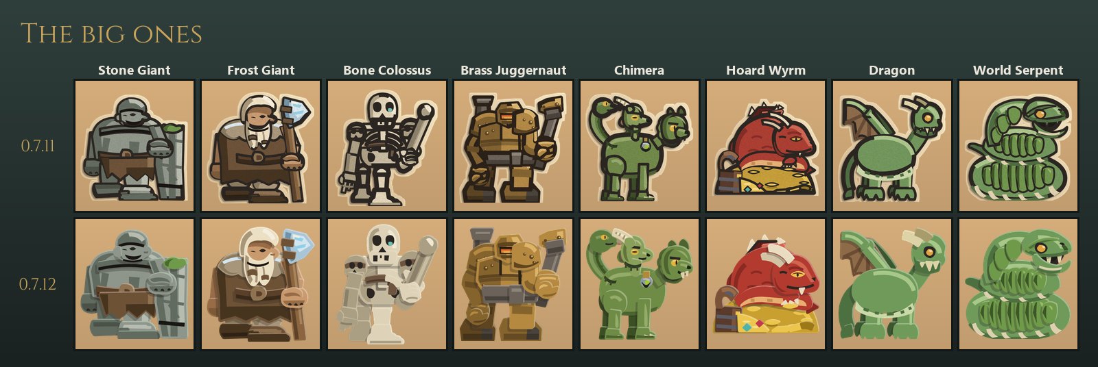 Stone Giant, Frost Giant, Bone Colossus, Brass Juggernaut, Chimera, Hoard Wyrm, Dragon and World Serpent, each in the 0.7.11 and 0.7.12 looks