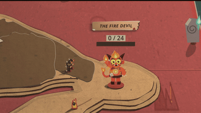 Finishing move: a crowned warlord brings a huge iron candle snuffer down over the Fire Devil and lifts it off an empty spot