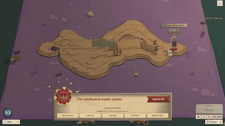 The frozen battlefield crumples into a ball and is thrown off, showing the run summary
