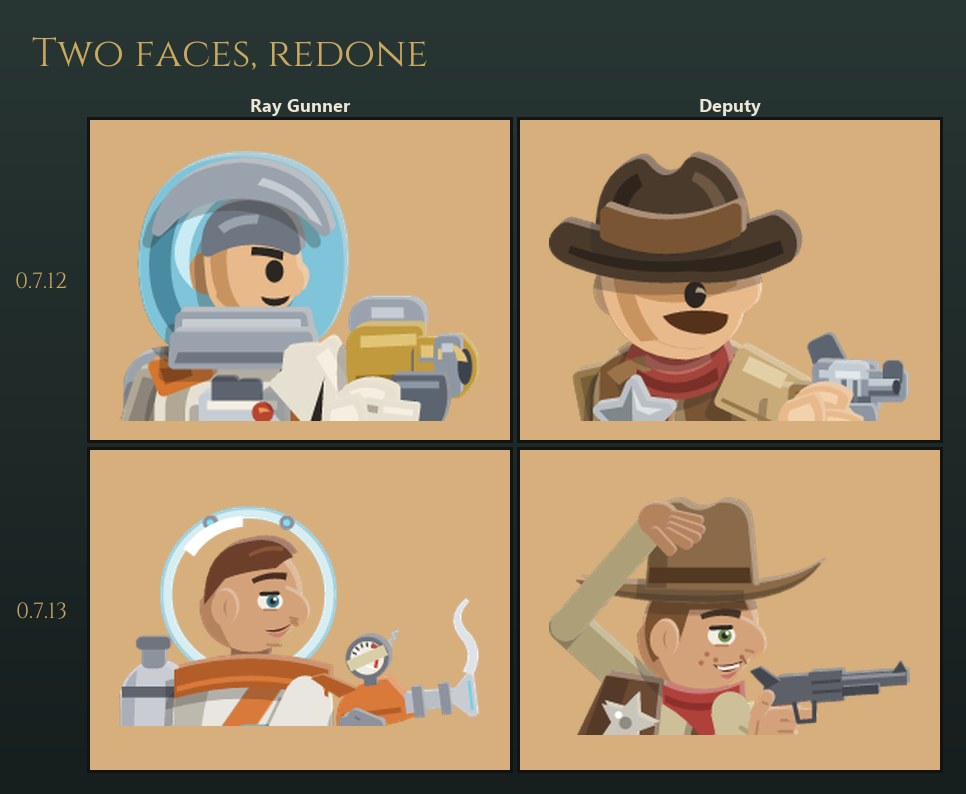 Close-up of the Ray Gunner and the Deputy: the 0.7.12 faces above, the new relaxed cadet and eager rookie faces below