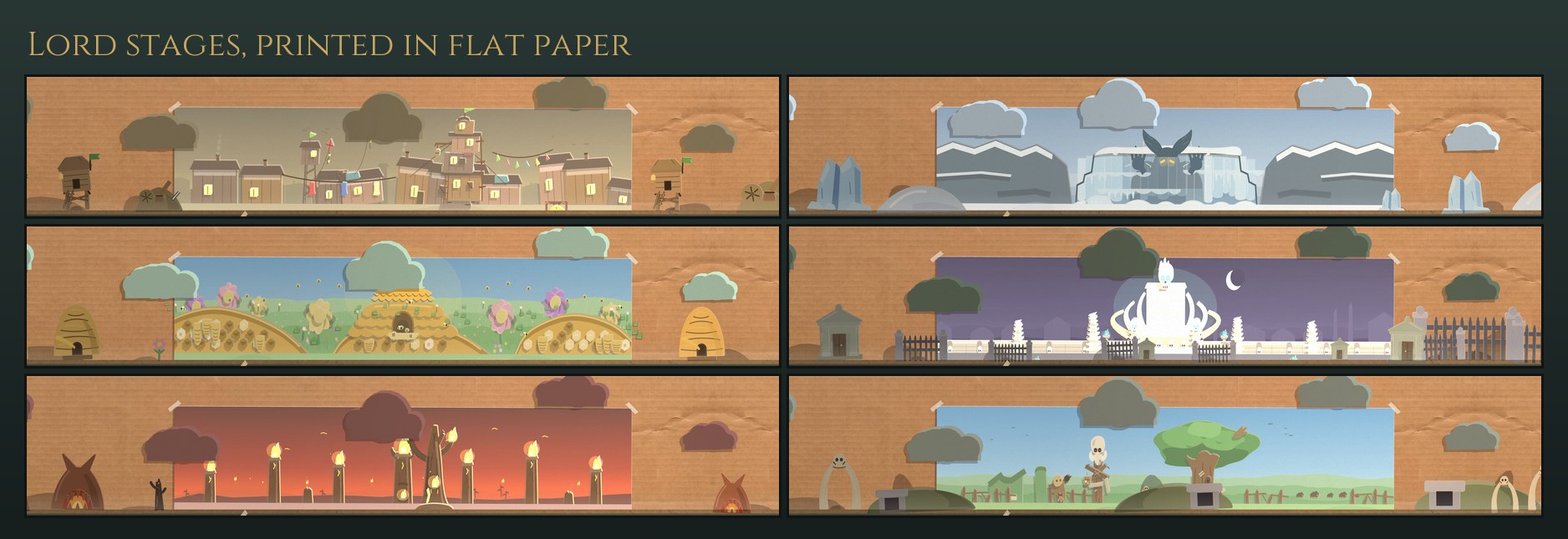 Six lords' stage backdrops printed in flat paper, each pinned to the cardboard back wall with standing pieces either side: the Goblin King's shanty town, the Frost Yeti's ice wall, the Verdant Queen's hives, the Lich King's bone throne, the Fire Devil's torches and the Boar King's farm