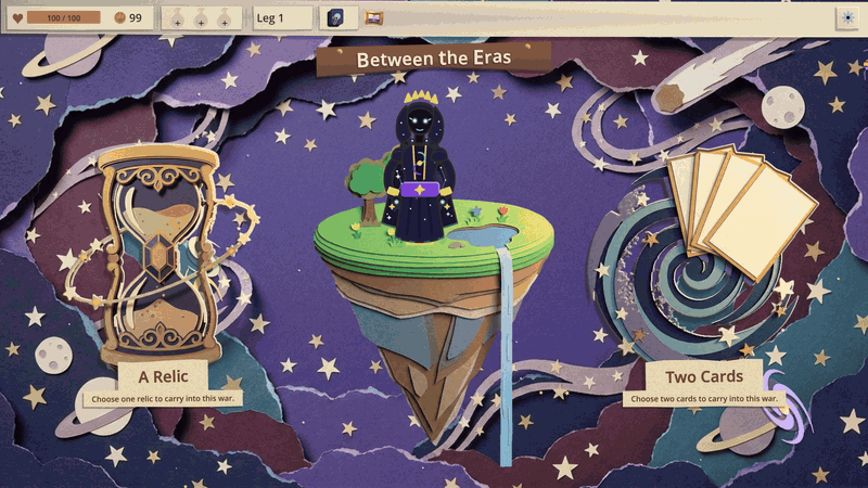 In the void, the Stormcaller's Chime spins up out of a portal over the Eternal's head and flies to the top bar, then Hallowed Ground and the Cyclops come out of portals at his hands and dive into the deck