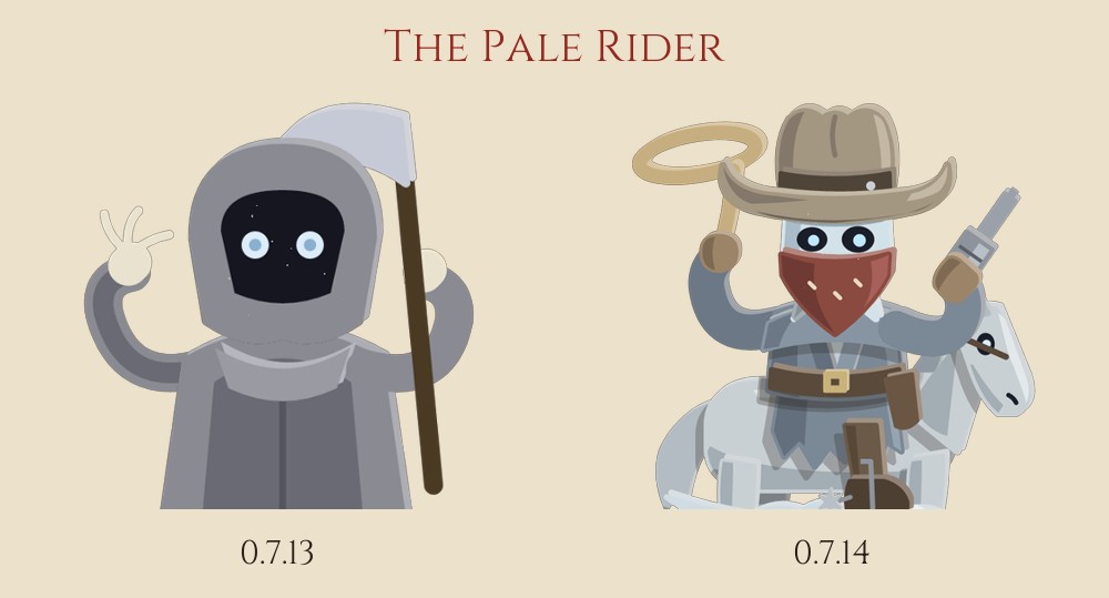 The Pale Rider, 0.7.13 on the left as a grey hooded reaper with a scythe, 0.7.14 on the right as a ghost cowboy with a hat, bandana, lariat and revolver
