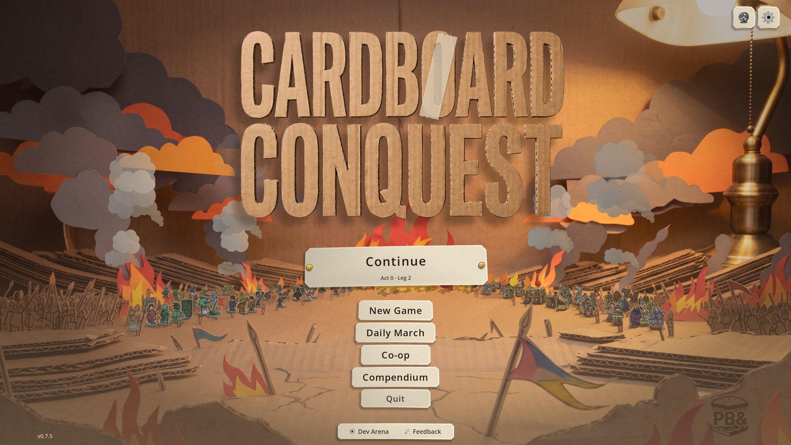 The menu on its burning battlefield, with Cardboard Conquest cut from card above it