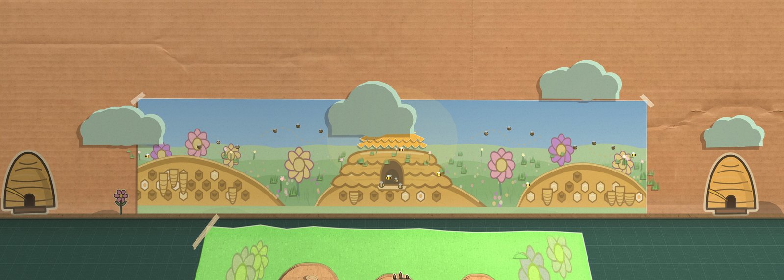 Verdy B. Queen's Hive Garden taped to the back wall: a loam bank cut open on tongues of wild comb, her hive over its mouth, big paper flowers, bees crossing a pale sky, and die-cut skeps standing on the seam in front of it