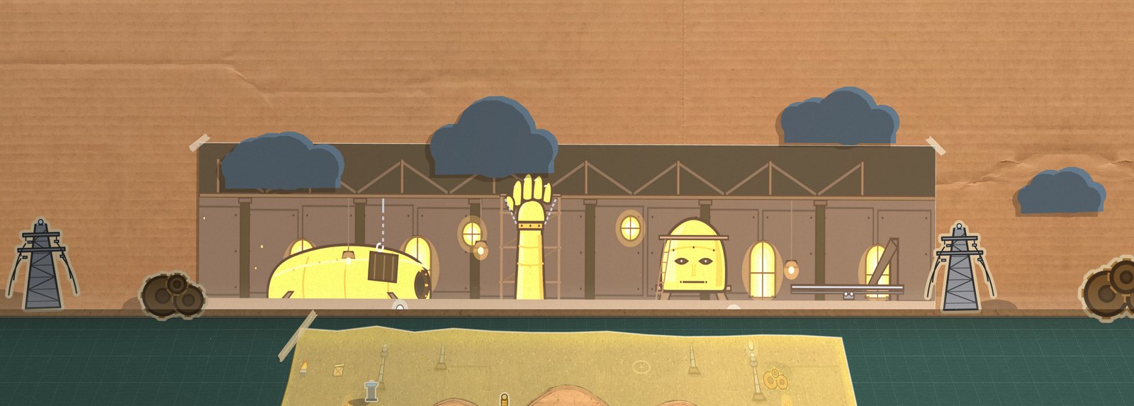 The Brass Colossus's Assembly Hall: a roof truss over a lit workshop bay, his great open hand standing on the floor, an arm hung on its spreader, and a shin and boot in a wheeled cradle