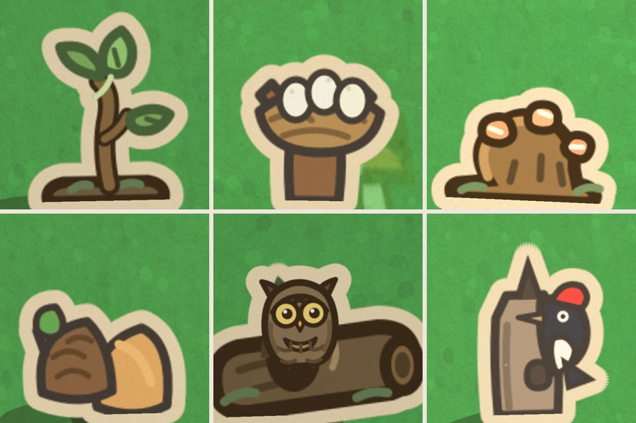 Six of the Elder Treant's curios, each pressed out of card with a rim and a cast shadow: a sapling, a nest of eggs, a mossy root, two acorns, an owl in a hollow log and a woodpecker on a snag