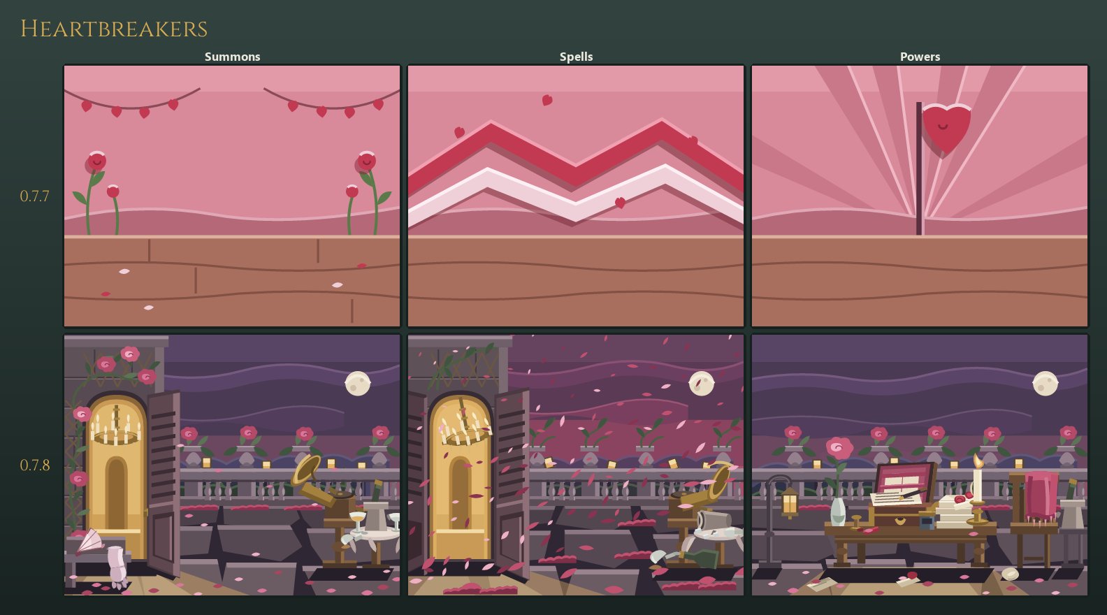 Heartbreakers' three card backdrops, old and new: the new row is a lit ballroom terrace with its garden, the same terrace at a writing table, and the terrace with the garden's petals going up over the house