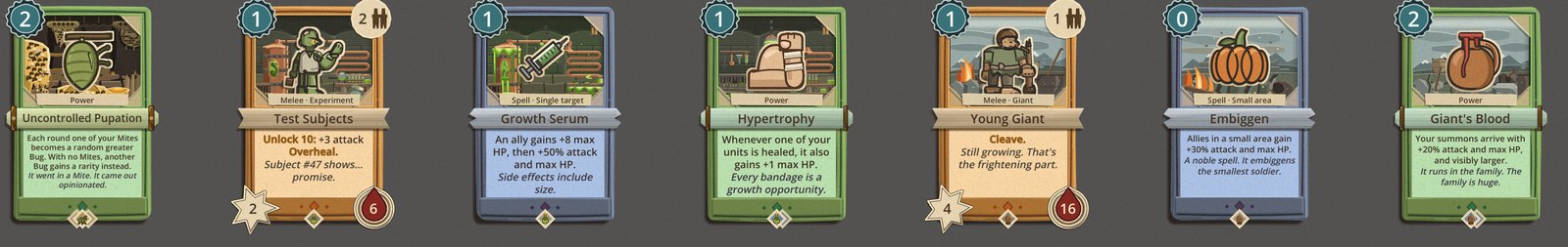 Seven card faces on the table: Uncontrolled Pupation, Test Subjects, Growth Serum, Hypertrophy, Young Giant, Embiggen and Giant's Blood, each standing in its pack's new scene