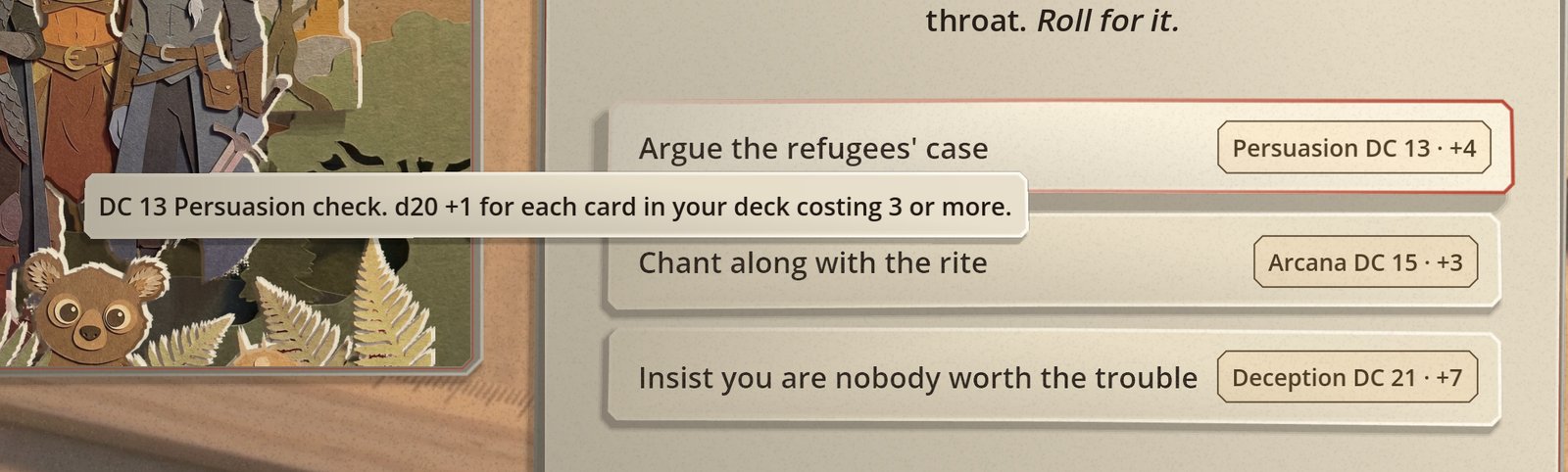 The hover on the first row of the Sealed Grove: the three rows of the page with the first one lit, and a small slip over it reading DC 13 Persuasion check, d20 plus one for each card in your deck costing 3 or more
