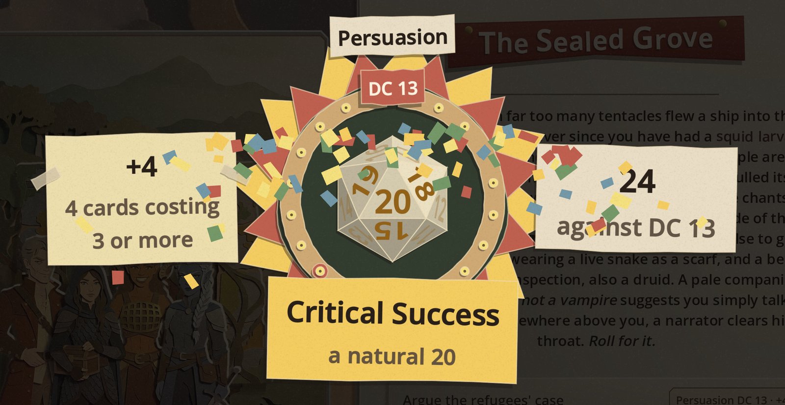 The die at rest on the dial showing 20 inside a burst of paper scraps, the modifier card on the left reading plus 4 for 4 cards costing 3 or more, the total card on the right reading 24 against DC 13, and the verdict strip reading Critical Success, a natural 20