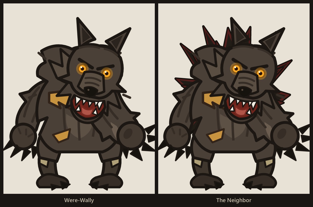 Two werewolf paper puppets side by side. On the left Were-Wally, hunched with one paw raised. On the right The Neighbor, the same wolf with a bristling black mane of raised fur standing out all round his shoulders and head, rimmed in dull red