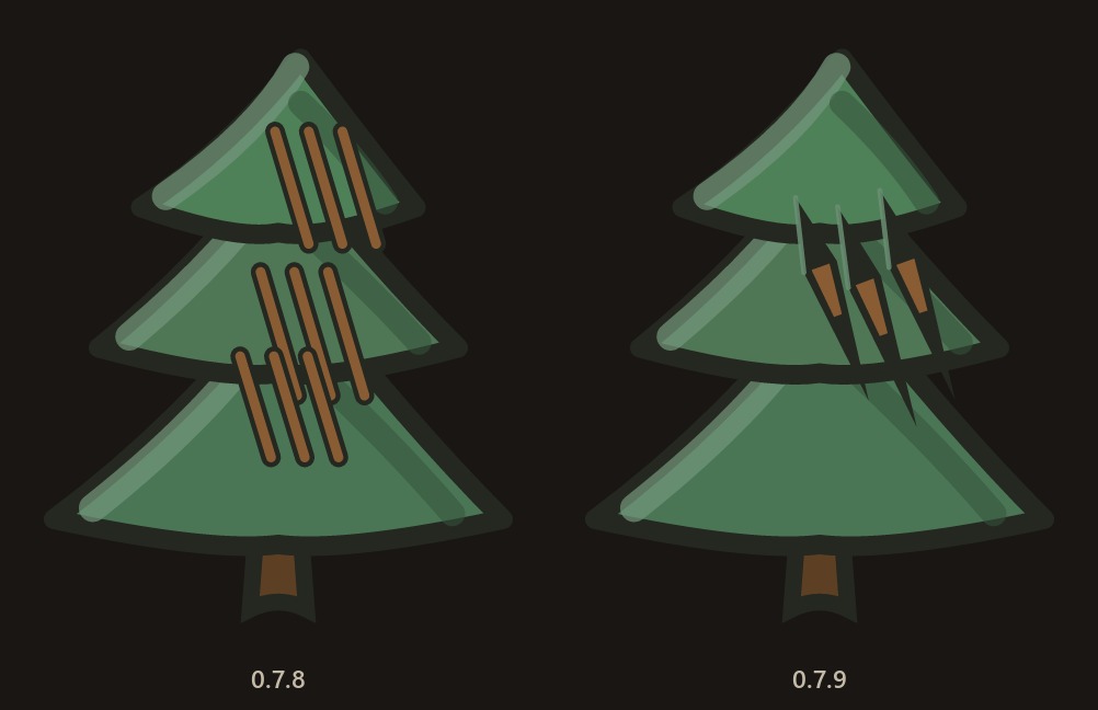 Two versions of a cut-paper pine tree. On the left, nine brown lines painted in three groups across its tiers. On the right, three dark tapered gouges torn through the branches with pale wood showing inside them